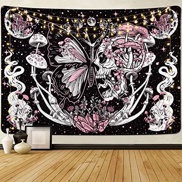 Lyacmy Skull Hippie Mushroom Tapestries Aesthetic Moth Moon and Stars Snake Wall Hanging For Room(51.2 x 59.1 inches)
