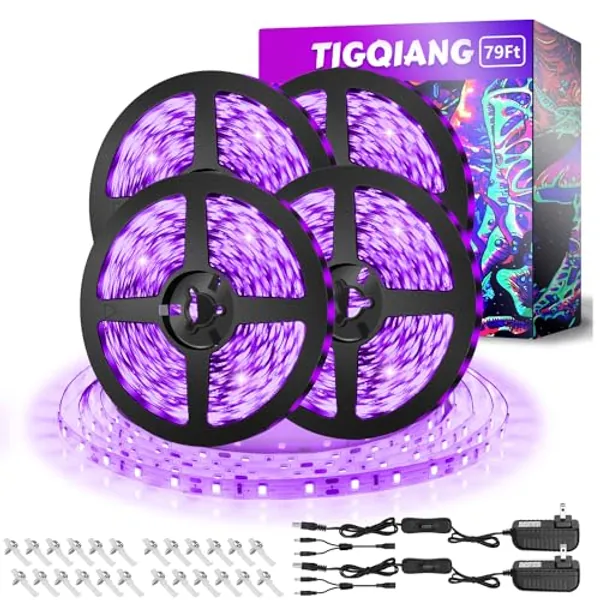 TigQiang Black Light Strip, 79ft/24M Flexible LED Black Light with kit, 1440 Lamp Beads, 12V Black Light, Halloween Christmas Decoration, Non-Waterproof for Fluorescent Dance, Birthday, Glow Party