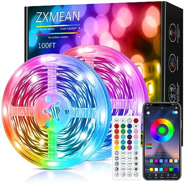 ZXMEAN Led Lights for Bedroom 100ft LED Strip Lights Music Sync Color Changing with Remote and App Control RGB LED Strip, LED Lights for Room Decor Home Party Decoration (2 Rolls of 50ft)