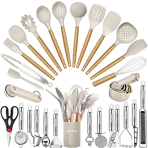 Kitchen Utensils Set- 35 PCs Cooking Utensils with Grater,Tongs, Spoon Spatula &Turner Made of Heat Resistant Food Grade Silicone and Wooden Handles Kitchen Gadgets Tools Set for Nonstick Cookware - Khaki