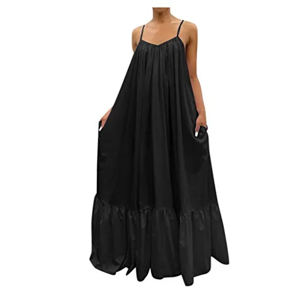 Womens Sexy Spaghetti Strap Sleeveless Ruched Ruffle Hem Bandage Oversized Summer Beach Loose Long Maxi Swing Dress