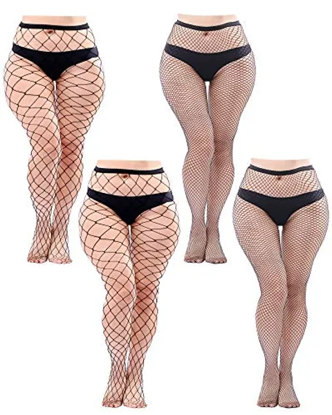 URATOT 4 Pairs Plus Size Fishnet Cross Mesh Tights in Black Sexy Pantyhose Stockings Thigh High Stockings