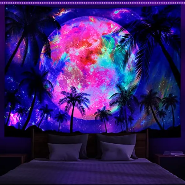 Racunbula Blacklight Moon Tapestry Galaxy Space Tapestry Tropical Coconut Palm Tree Wall Tapestry UV Stars Starry Sky Tapestry Colorful Aurora Nature Tapestry Wall Hanging for Bedroom