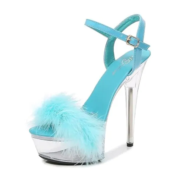 Ankle Strap Clear Platform Furry Sandals Heels Stiletto - 5 - Blue
