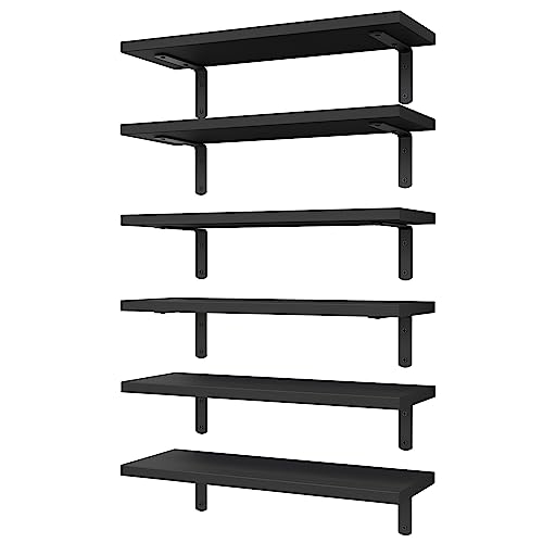 WOPITUES Floating Shelves Set of 6, Wood Rustic Farmhouse Shelves for Wall Decor, Bathroom Shelves, Book Shelves for Living Room-Black - 16.5 Inch - Black