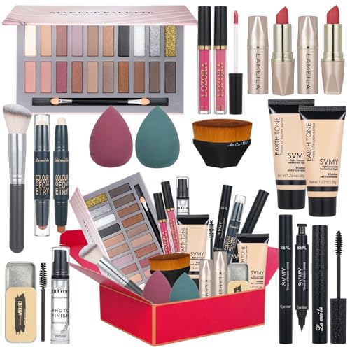All in One Makeup Kit for Women Full Kit Includes Palette Foundation & Face Primer, Makeup Brush Makeup Sponge, Eyebrow Soap, Winged Eyeliner Stamp 20 Colors Eyeshadow Gift Set for Women, Girls & Teen - 20 Matte Set