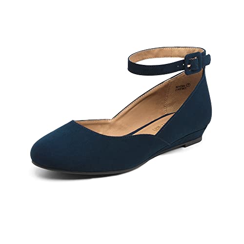 DREAM PAIRS Women's Revona Low Wedge Ankle Strap Flats Shoes - 8 - Navy Suede