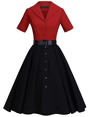 GownTown 1950 Women Dress Midi Shirt Dress Cocktail Dress with Belt - Small - Burgandy
