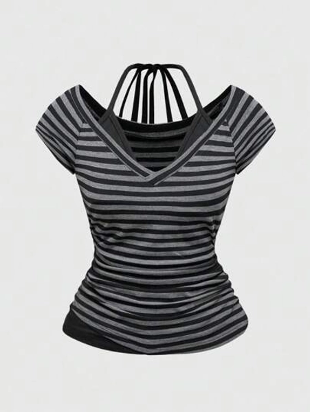 ROMWE Grunge Punk Women's Sexy Y2K 2 In 1 V-Neck Striped Contrast Color Halter Tie Bow T-Shirt