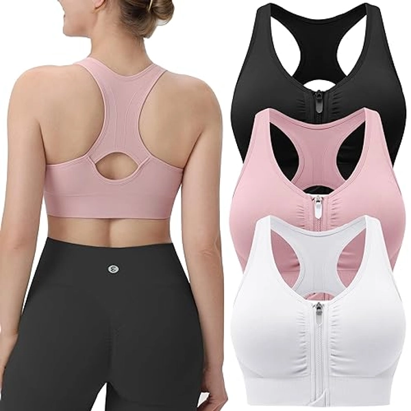 Evercute Women's Zip Front Sports Bras Wireless Padded Racerback Medium Support Post-Surgery Bra Yoga Exercise Athletic Bras
