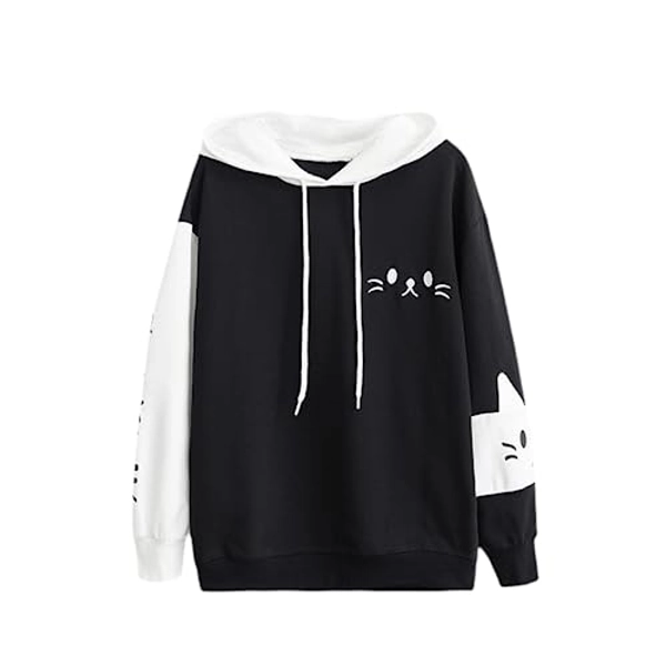 Moleobea Women Kawaii Meow Cat Ear Hoodie Japanese Black White Preppy Hooded Sweatshirt Cute Streetwear Fall Winter Warm Tops