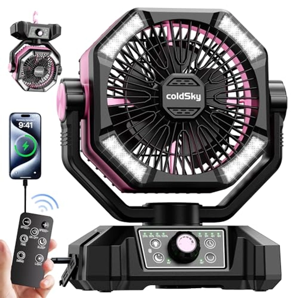 coldSky 𝟮𝟬𝟬𝟬𝟬𝗺𝗔𝗵 Camping Fan with Dual Motor, Battery Operated Fan with 4 LED Lantern, 8 Speeds Desk Fan with Remote, Portable Outdoor Fan with Hook for Tent, Power Outages, Jobsite (Pink)