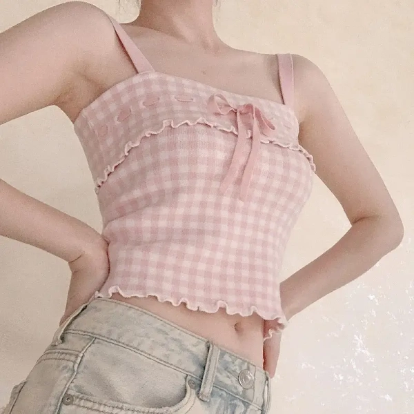 Angelcore Pink Plaid Bow Tank Top with Asymmetrical Rosebud Straps