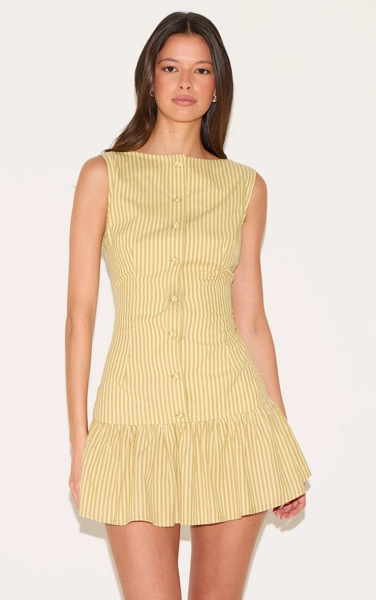  Yellow Striped Button Detail Flippy Hem Bodycon Dress