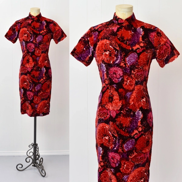 1960s Floral Velvet Asian Cheongsam Dress