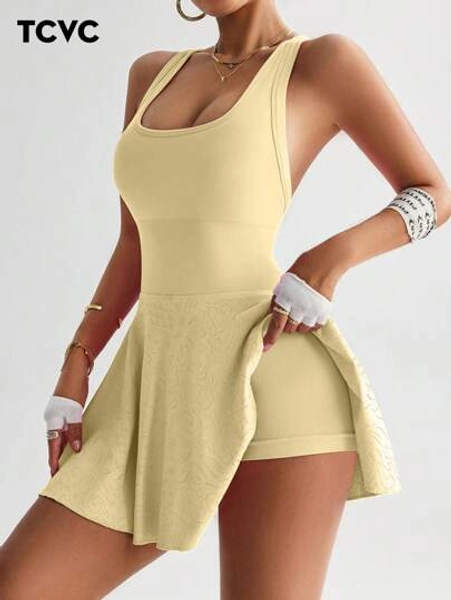 TCVC Women Seamless Knit Sports Dress, Criss-Cross Racerback, Sleeveless Square Neck Tennis Dress, Indoor And Outdoor Sports Yoga, Skin-Friendly Fabric, Bodycon Shaping