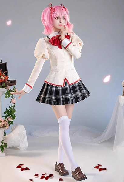 PMMM Magi Magica Madoka Kaname Cosplay Costume JK School Uniform Top and Skirt with Bowtie and Over Knee Socks