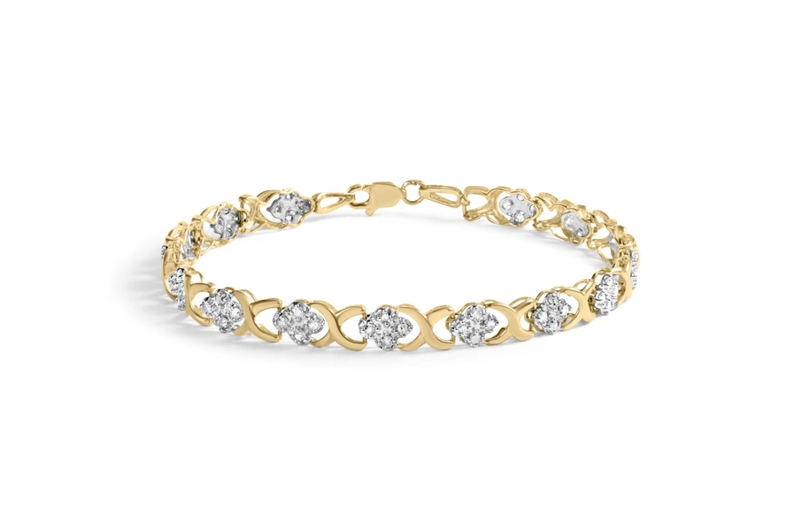 10K Yellow Gold 1.00 Cttw Diamond 5 Stone Floral Cluster and X Link 7 Bracelet (I-J Color, I3 Clarity)