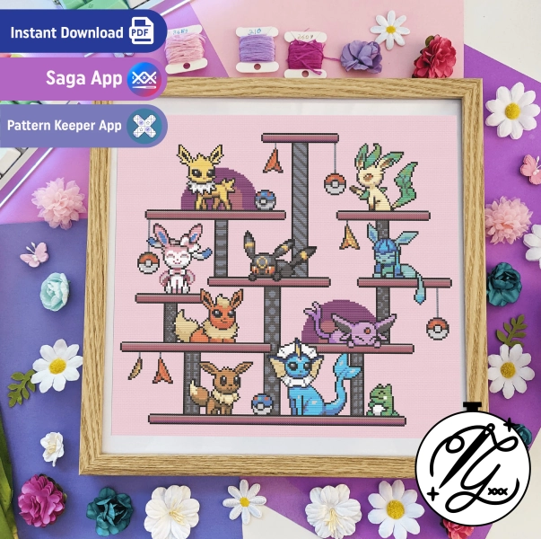 Eeveelutions Café Pattern - Modern Colourful Cross Stitch - Digital PDF, Instant Download