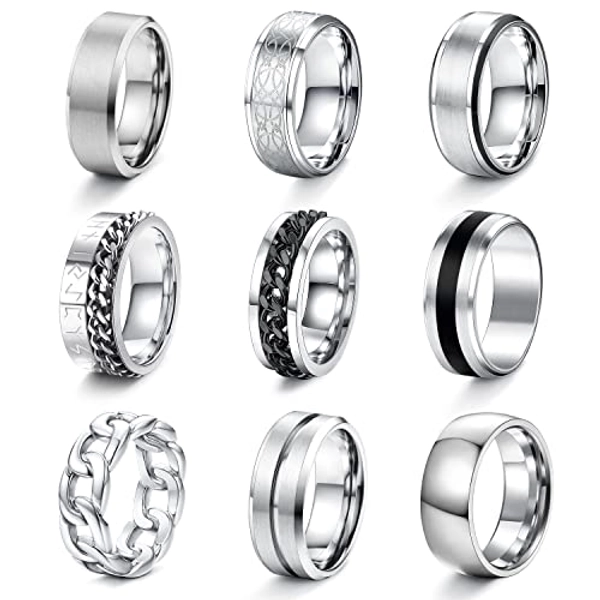 CASSIECA 9Pcs Argent Bague Homme Acier Inoxydable Tournante Chaîne Rock Bague Bande Bague Vintage Gothique Anneaux Fiber Bagues Celtique Bleu Mariage Promise Bague Anneau Taille 52-70