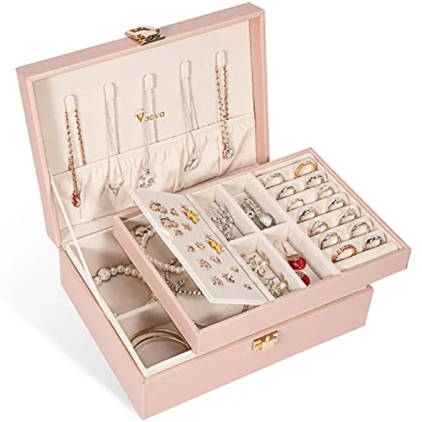 Voova Jewelry Box Organizer for Women Girls, 2 Layer Large Men Jewelry Storage Case, PU Leather Display Jewellery Holder with Removable Tray for Necklace Earrings Rings Bracelets, Vintage Gift, Pink - Medium - M-Pink
