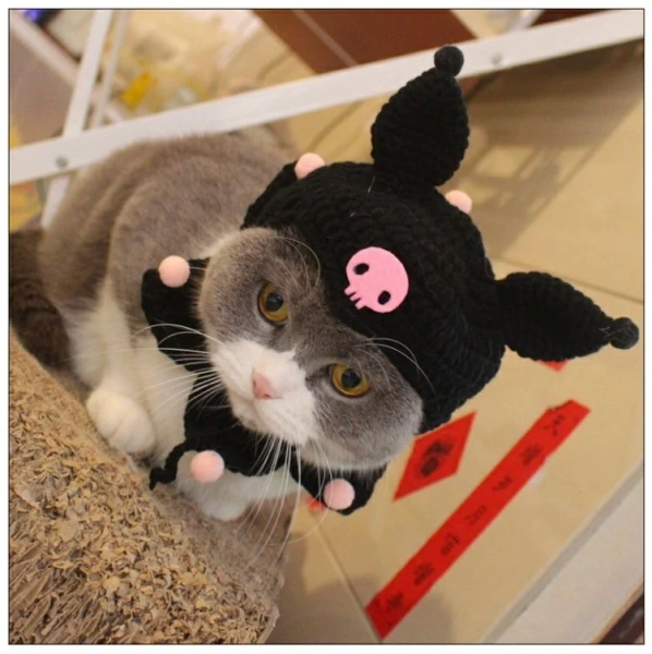 Kuromi Knit Hat and Collar Set Adjustable Handmade Collar Stylish Pet Acessories Cute Kint Collar Pet Gifts