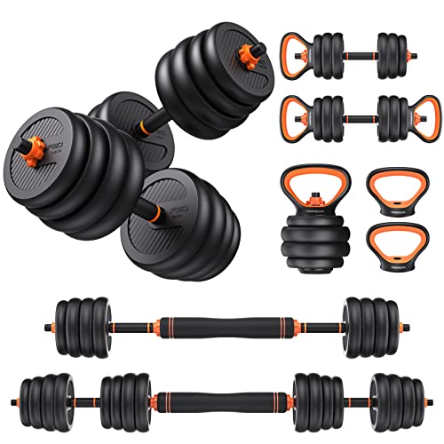 FEIERDUN Adjustable Dumbbells, 20/30/40/70lbs Free Weight Set with Connector, 4 in1 Dumbbells Set Used as Barbell, Kettlebells, Push up Stand, Fitness Exercises for Home Gym Suitable Men/Women - 20.0 Pounds
