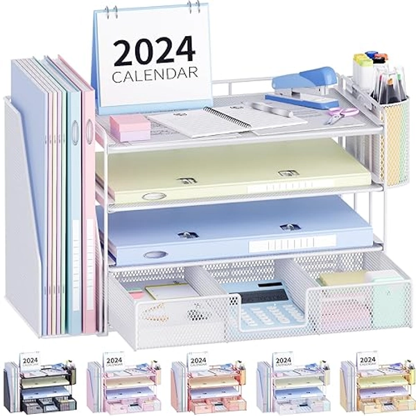 OPNICE Desk Organizers and Accessories, Desk Accessories & Workspace Organizers for Office Supplies, File Organizer Desk Drawer Organizer with 2 Pen Holders, 4 Tier Paper Organizer for Desk(White)