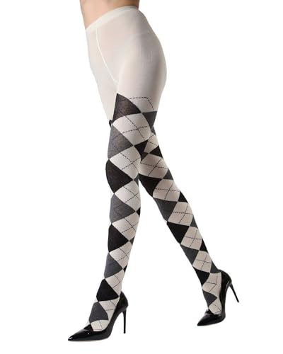MeMoi Classic Argyle Cotton Tights for Women, Cozy Sweater Tights, Warm and Stylish Patterned Tights - Sizes Small to 6X - Small-Medium - Winter White