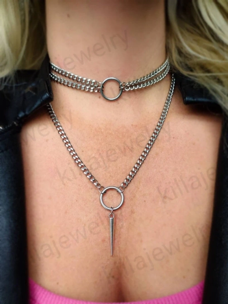 Multi strand o ring choker necklace in silver, multi layer necklace, silver circle necklace, spike necklace, spike choker, women&#39;s choker