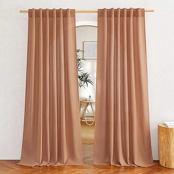 NICETOWN Burnt Orange Linen Curtains 84 inch Length 2 Panels, Rod Pocket & Back Tab Privacy Added Thick Flax Linen Burlap Light Filtering Window Drapes for Bedroom/Living Room, W55 x L84