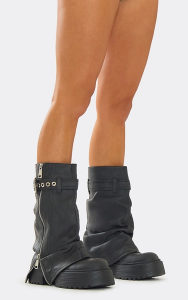 Poster Side Zip Split Belted Chunky Mid Calf Biker Boot In Grey Faux Leather