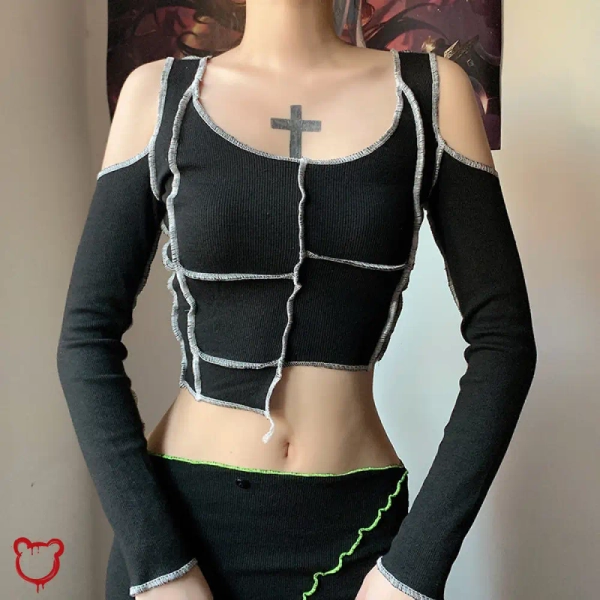 'Outcast' Patchwork Stitchin' Black Grunge Top