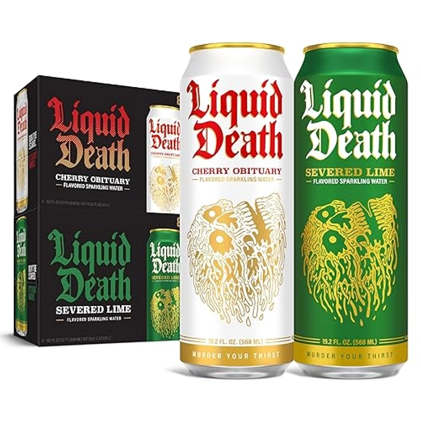 Liquid Death Sparkling Water - Severed Lime & Cherry Obituary Mixed Pack (16 x 19.2 oz Cans)