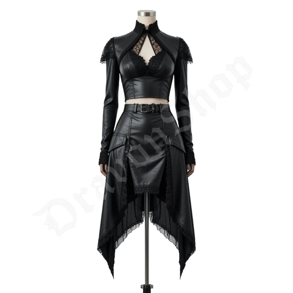 Gothic Leather Crop Top & Asymmetrical Skirt Set: Steampunk Cosplay