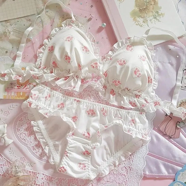 Pink and White Paw Lingerie Set for Kawaii Fashion Lovers