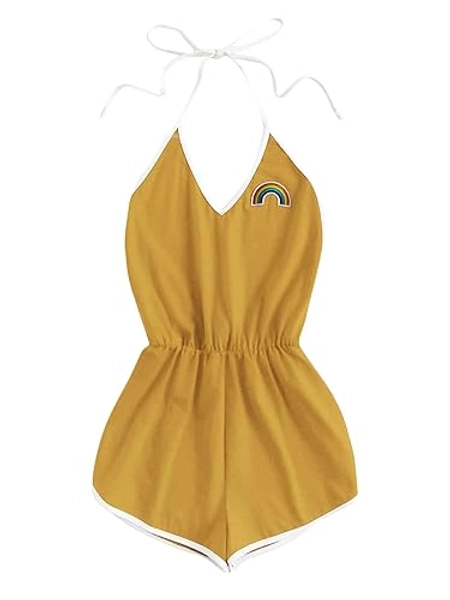 SweatyRocks Women's Halter Sleeveless Short Jumpsuit Rompers Backless Playsuit