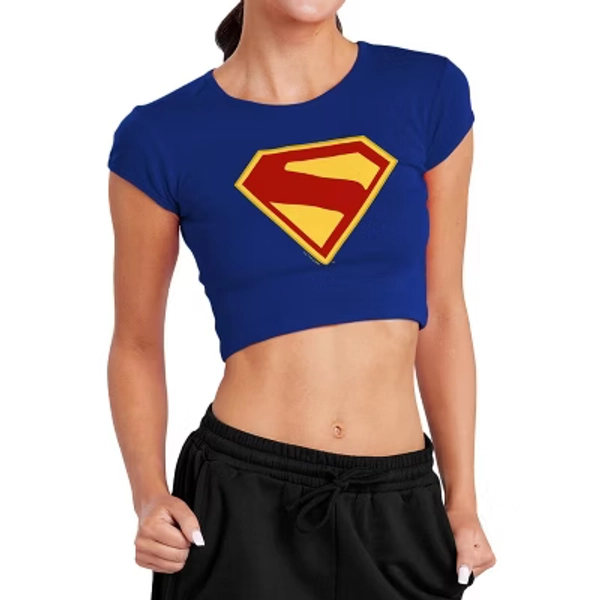 Women's Superman 2025 New Logo Cap Sleeve Baby Rib Crop Top, Royal, Medium