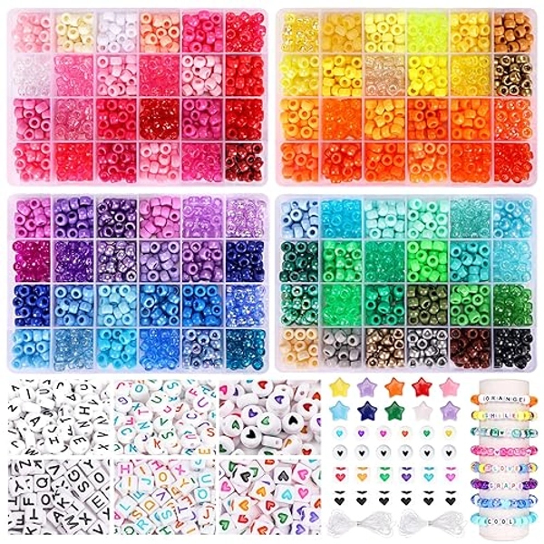 QUEFE 96 Colors 3000pcs Pony Beads Bracelet Making Kit Friendship Bracelet Kit Rainbow Kandi Beads with Letter and Heart Beads Elastic Threads for Jewelry Necklace Making