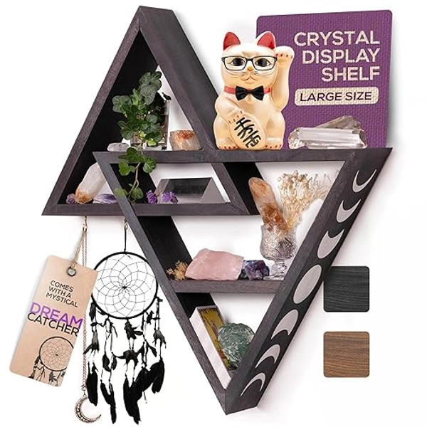Crystal Shelf Display for Wall with Dreamcatcher - 20.4" Large Crystal Display Shelf, Crystal Holder Moon Shelf, Grunge Room Decor Witchy Shelves, Gothic Triangle Shelf for Crystals and Stones - Black