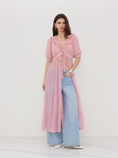 Chiffon V-neck Lantern Sleeve Lettuce Trim Knotted Midi Dress