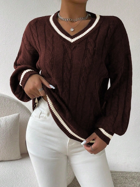 SHEIN Essnce Color Block V-Neck Long Sleeve Simple Knitted Sweater, Casual Everyday Wear