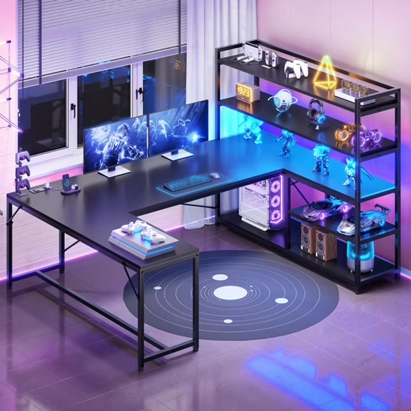 63" L Shaped Desk with Power Outlet and LED Lights, Reversible U Shaped Office Desk, Black