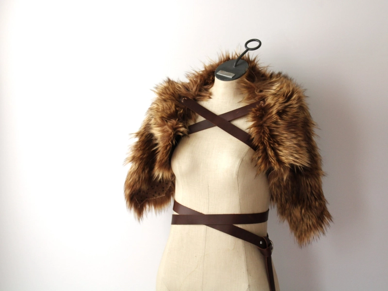 Cream Brown Wolf Fur Shoulder Pelt Drape leather strap imitation fur mantle, viking barbarian primitive cowl, wolf pelt wrap capelet