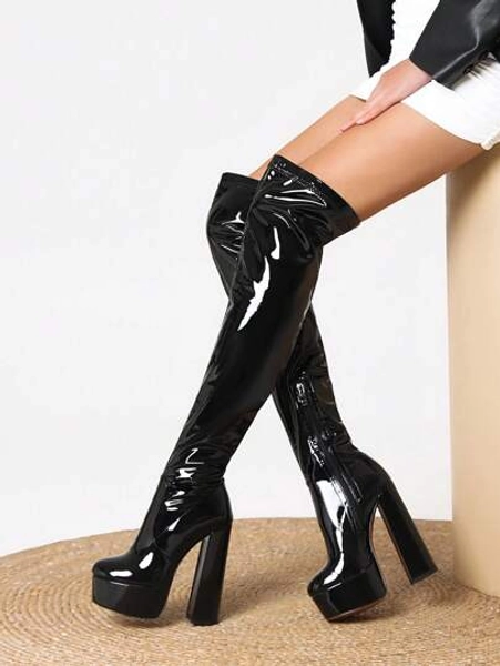 Women's Balck Thick High-Heeled Waterproof Platform Side Zipper Knee High Boots