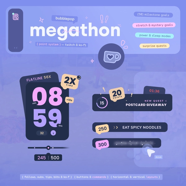 Megathon Widget Bundle — Timer, Milestone Goals & Surprise Quests • Combined Events, Commands, Streamdeck / Twitch Ko-Fi StreamElements OBS