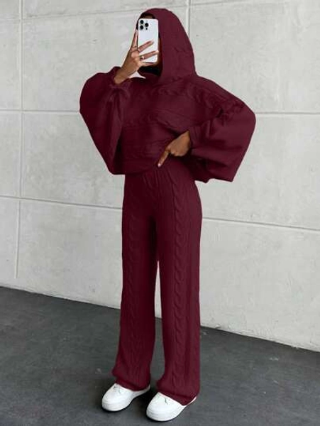 Lässiges Kabel-Strick Hoodie Crop Sweatshirt & Kabel-Strick Sweathose 2-teiliges Outfit