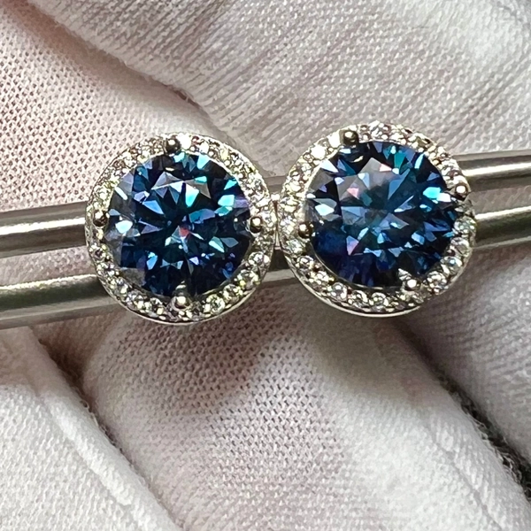 Certified 4TCW Royal Blue Halo Moissanite Studs / Something Blue Wedding Earrings