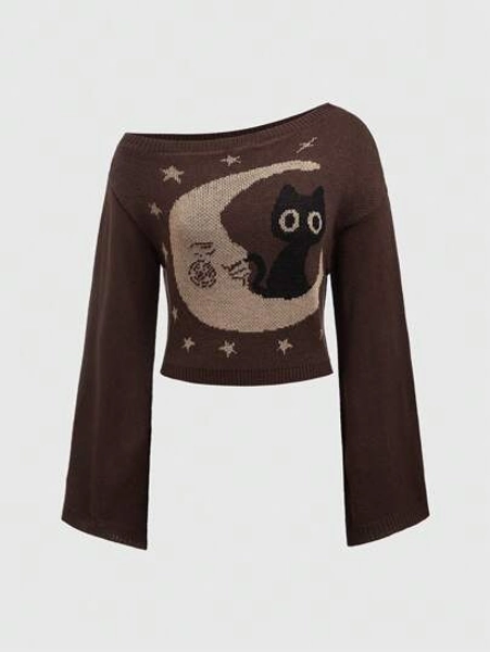 Our Hippie College Style Casual & Gothic Humorous Moon & Strange Cat Design Slouchy Oblique-Shoulder Bell Sleeve Thin Knit Pullover Sweater, School is such a vibe - ROMWE
