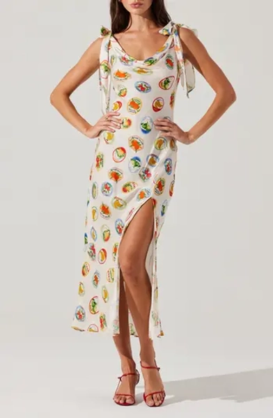Allexina Printed Tie Shoulder Midi Dress